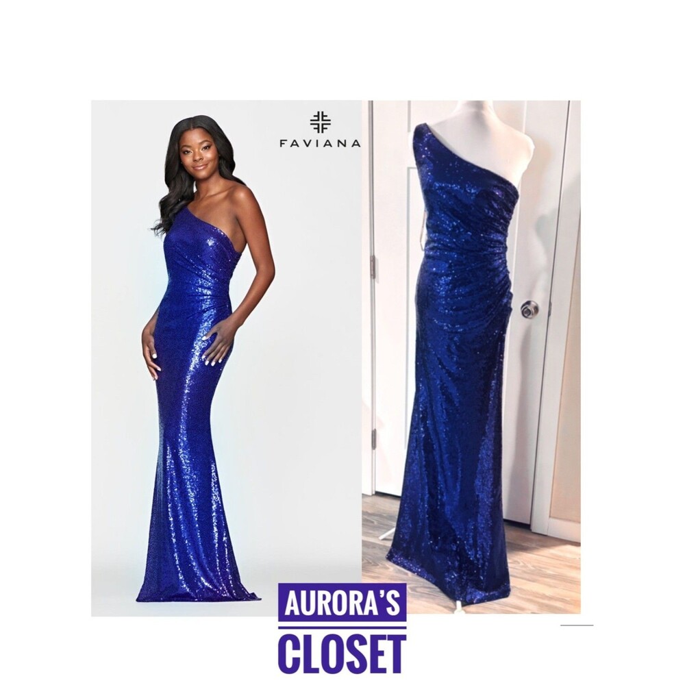 Faviana 8 Blue Sequin Gown One Shoulder Side Ruching NWT $398